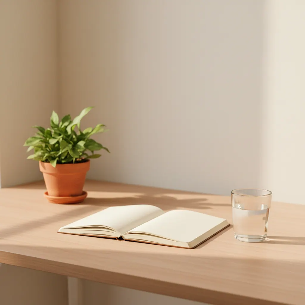 Rustige werkruimte met een notitieboek, een plant en een glas water op een licht bureau