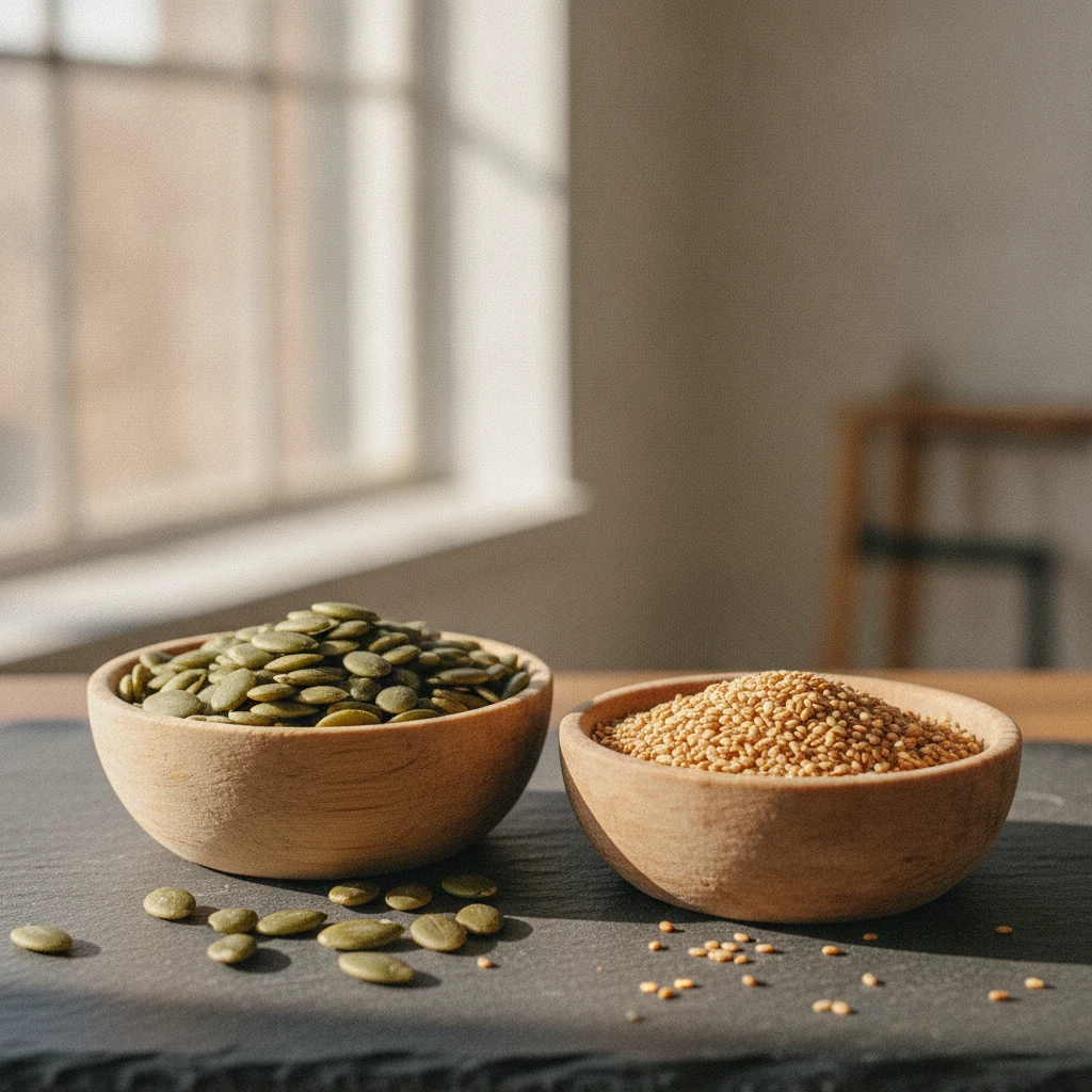 Pompoenpitten en sesamzaad in kleine houten schaaltjes op een leisteen ondergrond