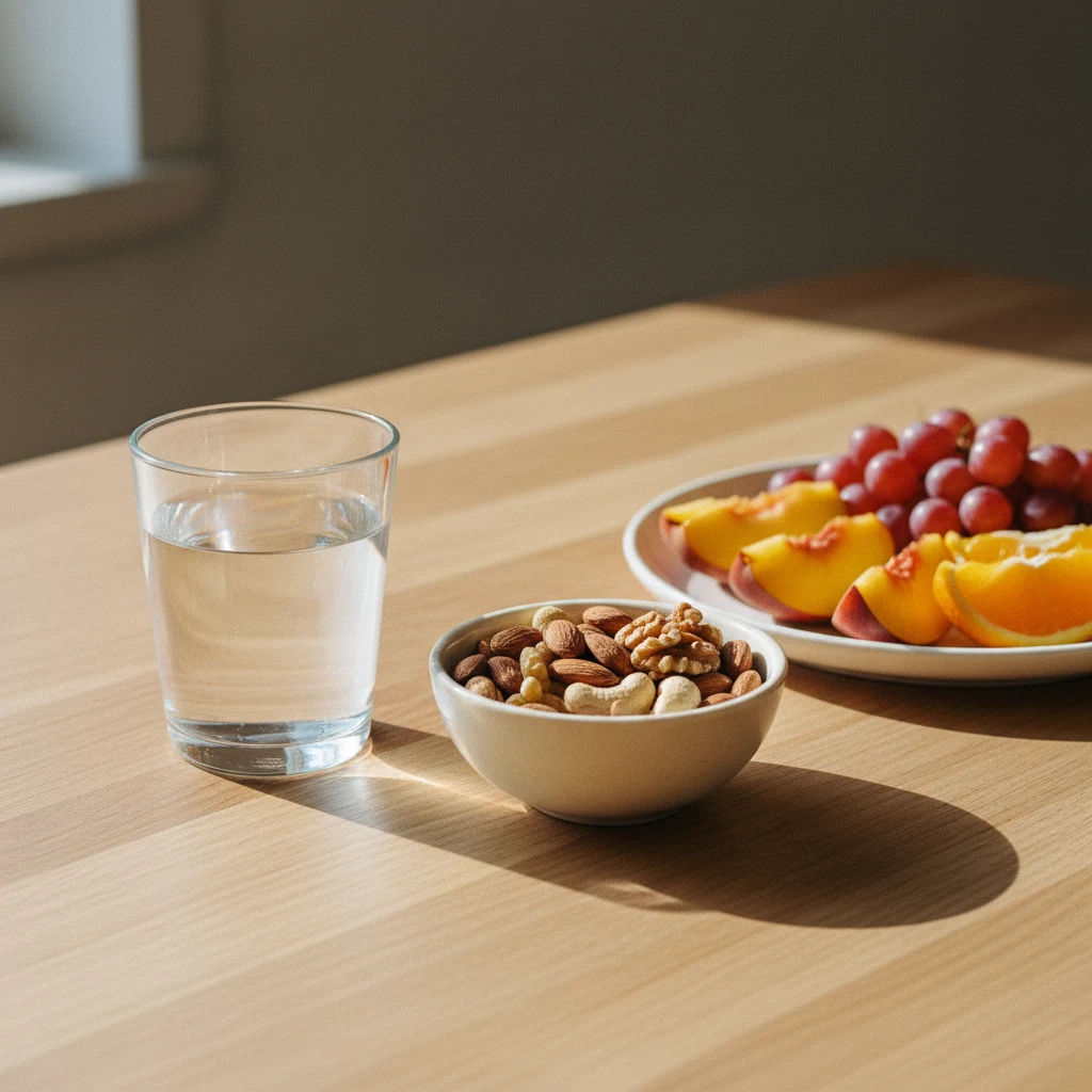 Glas water en ontbijt op een heldere houten tafel bij ochtendlicht
